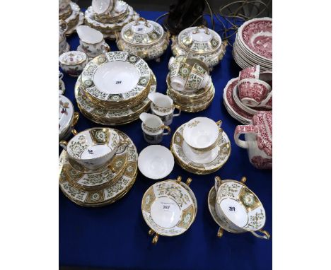 A Royal Worcester Green Derby Panel pattern dinner service comprising dinner plates, side plates, bowls, soup coupes, tureens