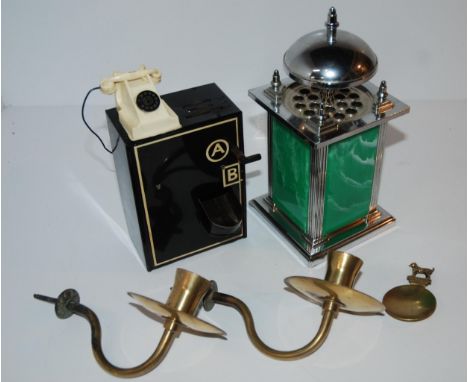 A musical cigarette dispenser, a tinplate Guitarman of London money bank, caddy spoon and pair of candle brackets&nbsp; Condi