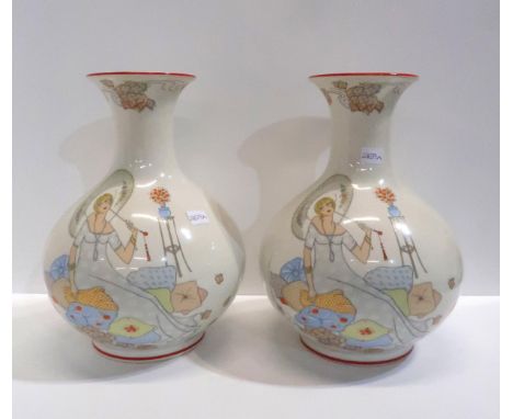 A pair of ceramic vases with printed Art Deco style decoration of a lady with a parasol Condition Report:Both vases are in go