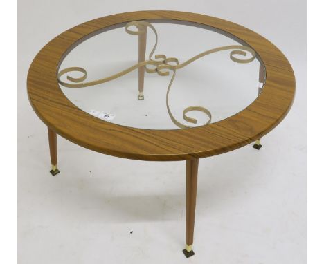 A contemporary teak glazed circular coffee table and a glass topped novelty golf caddy occasional table (2) Condition Report: