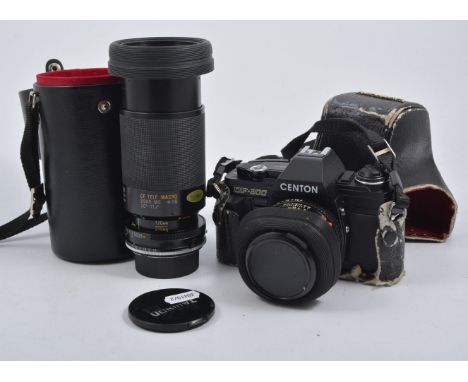 A collection of cameras and equipment, two Centon DF300 SLR Cameras, Tamron 2 lenses light meter etc.
