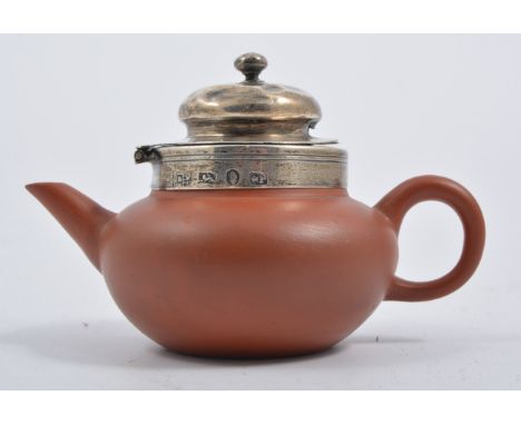 Chinese terracotta teapot, with silver mount, Sheffield 1835, four character mark to underside