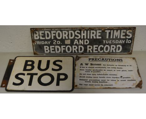 Enamel signs, Bedfordshire Times, Bomb Warning and Bus Stop, (3)