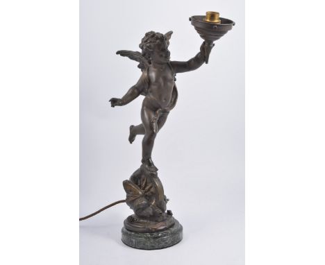 French style spelter table lamp, L'amour Vainqueur, set on a marble plinth, 46cm.