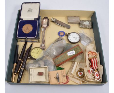 A tray of small collectables, silver engine turned cigar cutter hallmarked London 1952, a Victorian teaspoon and a later pick