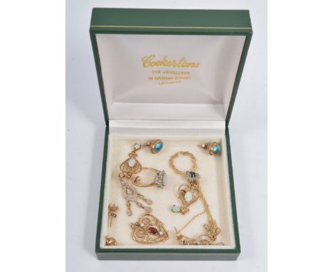 A collection of gemset jewellery, a 9 carat gold opal and synthetic white stone ring size M, a pair of drop earrings each set