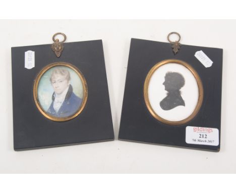 A Victorian silhouette, head and shoulders of a lady, oval, 8x6cms, indistinctly labelled and a miniature portrait of a man, 