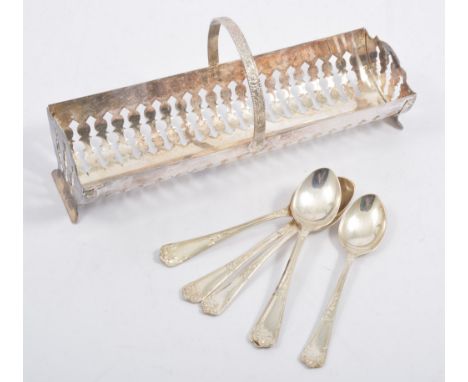 Set of six silver coffee spoons, golf trophy spoons and others, plated trough, and set of four Royal Crown Derby napkin rings