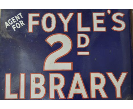 Enamel sign, Foyles 2d Library, navy ground, 38cm x 51cm.