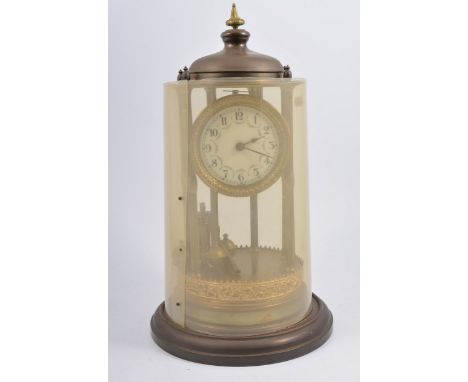 German brass portico clock, lacking glass dome.with key, 38cms.