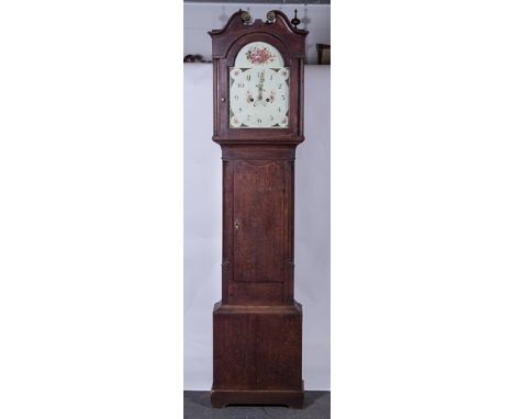 Oak longcase clock, swan neck pediment, short door flanked by quarter fluted columns, bracket feet, 13" arched painted dial, 