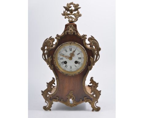 French walnut balloon mantel clock, brass mounts, striking movement, 41cm.