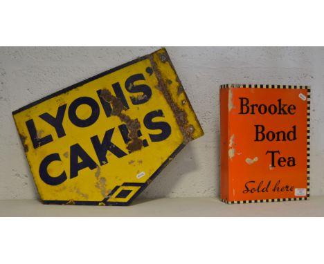 Enamel signs, Brooke Bond Tea, 33cm x 26cm and Lyons Cakes, 49.5cm x 39.5cm. (2)
