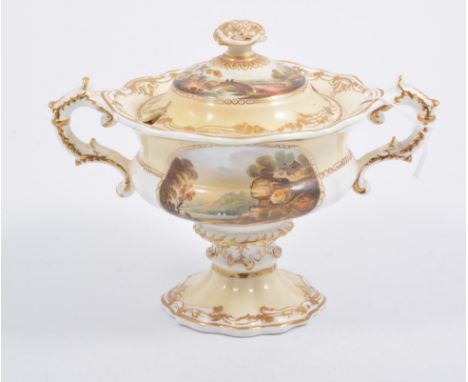 Copeland and Garratt pedestal tureen, painted with named views, A View near Radbourn, Derbyshire and Morley, Derby, 17cm; and