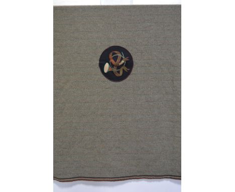 Hermes - a tweed wool coaching blanket, braided edge, central embroidered logo on black  "Hermes Paris Departement-Equitation