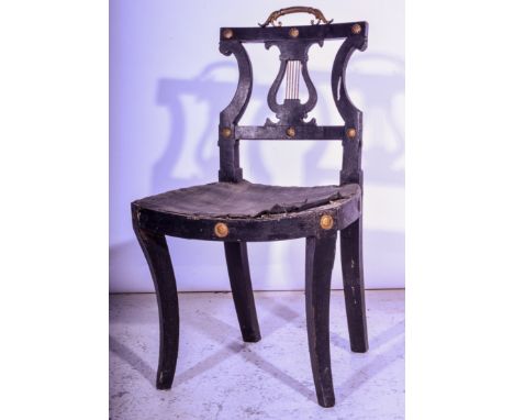A French ebonised single lyre back chair, sabre legs, gilt metal mounts H82cm and a Victorian mahogany tripod table with bras