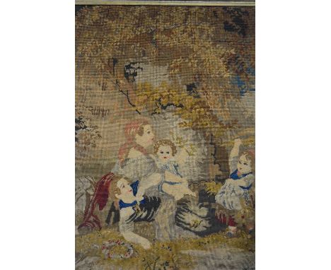 A handmade needlepoint tapestry depicting children playing in a glade, 69cm x 56cm, in a birds eye maple veneer frame 6cm wid