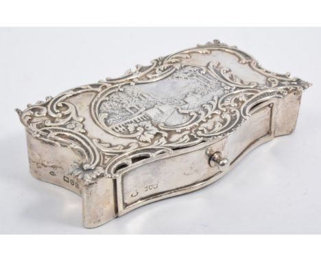 Silver covered trinket jewel box, embossed lid with a view of the terrace San Miniato al Monte and Florence, serpentine front