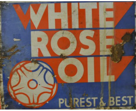 Enamel signs, White Rose Oil, 46cm x 56cm and Clarke's Mixed Marvels 46cm x 66cm. (2)