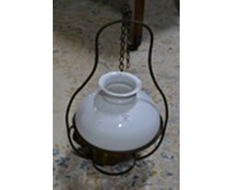 Brass framed hanging lantern, with opaque glass shade, 64cm; and a Victorian brass gas lamp bracket, (2).