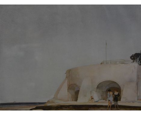 After William Russell Flint, Figures on a beach by a bathing pool signed in the margincoloured print 18 x 24 cm 