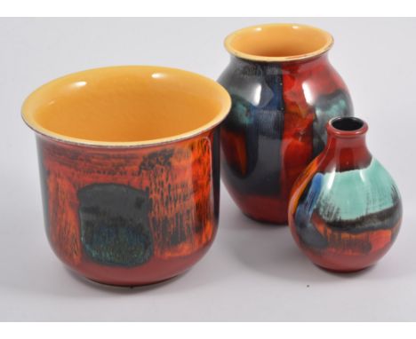 Poole Pottery 'Gemstone' planter, 14cm; plate 21cm; two vases 18cm, 14cm.