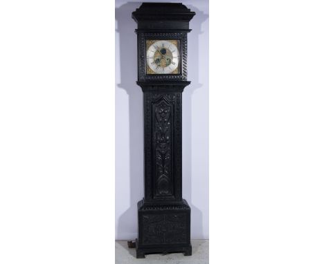 Oak longcase clock, carved decoration, the hood with a plain frieze, long door, raised on bracket feet, 12" square brass dial