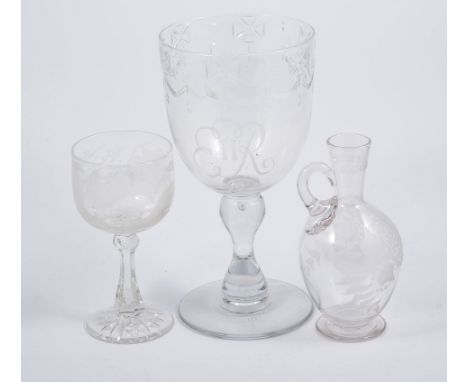 Lead crystal presentation decanter with a silver collar, 29cm; a large Edinburgh crystal commemorative goblet, Coronation of 