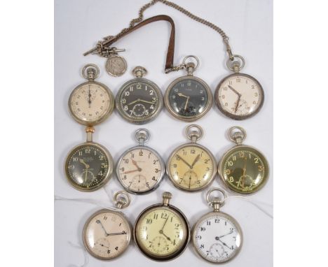 Ten military pocket watches and one stop watch, all having broad arrow on back of case, mostly not named, Elgin with GS MkII 