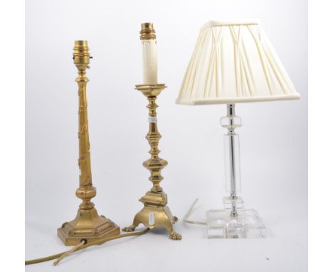 Brass tripod table lamp, 42cm, and two other table lamps.