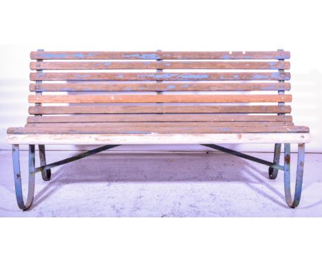 Slatted wooden and metal framed garden bench, 150cm.