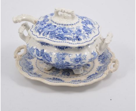 Blue and white large tureen, Corinthian pattern, 37cms; and small tureen, stand and ladle.