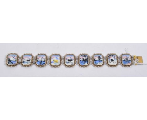 A Norwegian style guilloche enamel bracelet, nine scenic links in white, pink and blue enamel in 20mm beaded frames, stamped 
