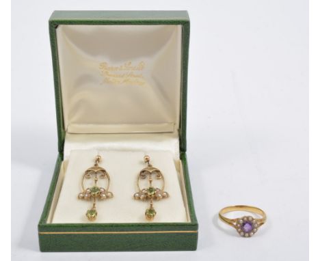 A pair of 9 carat yellow gold peridot and seed pearl 25mm drop earrings, hallmarked Sheffield 1990, an amethyst and seed pear