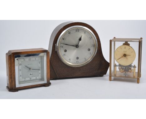 Enfield oak cased three train mantel clock and another, John D Francis 1930s style oak cased alarm clock, Kundo clock, a vint