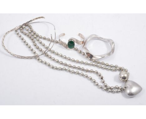 Two Mexican white metal collars stamped 925, a 10mm wide undulating bangle, an open ended bangle set with malachite, an abalo