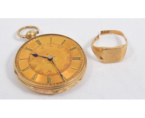 A small 18 carat yellow gold open face pocket watch, gold coloured floral dial with a roman numeral chapter ring, 18 carat ye