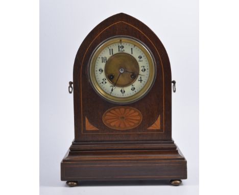 Edwardian inlaid mahogany lancet mantel clock, striking movement, 36cm.