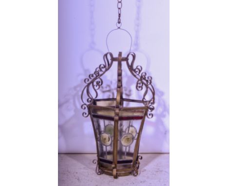 Edwardian metal and leaded stained-glass octagonal shape lantern 76cm overall, and a Victorian square-shape lantern. (2)
