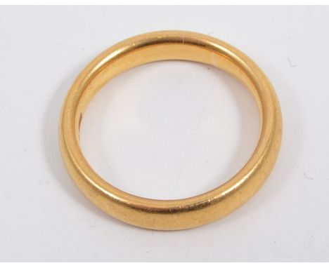 A 22 carat yellow gold wedding band, plain polished 3.7mm wide D shape, ring size K, approximate weight 6gms. 