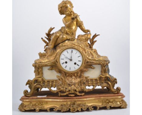 French gilt figural mantel clock, surmounted with cherub studying a dragonfly, on carved gilt, gesso stand, 46cm high.