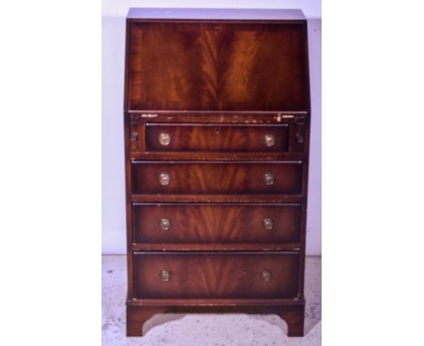 Modern mahogany slope and fall front ladies bureau, four drawers to the base, bracket feet, W58cm x D41cm x H99cm.