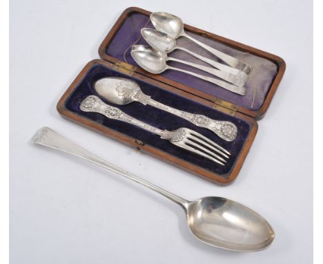 A George III silver "Old English" design basting spoon, hallmarked London 1767, makers mark unclear, a Victorian silver "King