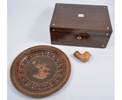 Wooden stationery and sewing boxes, pierced Tunbridgeware plate; pestle and other treen and a tea caddy.