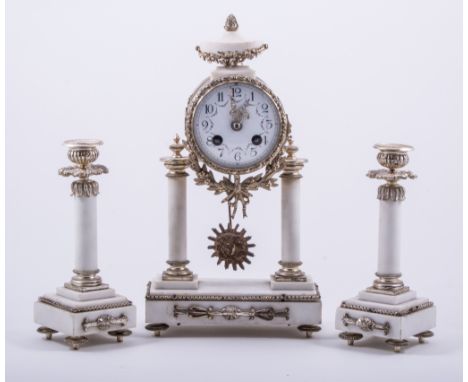 A French white marble and white metal three piece clock garniture, late 19th century, the clock drum supported by twin column