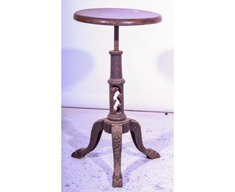 Machinist's stool, circular seat raised on cast iron tripod supports, with adjustable column.