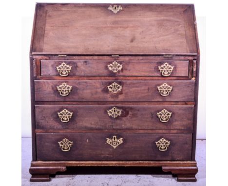 Georgian mahogany bureau, fall front enclosing a fitted interior, four drawers under, on ogee bracket feet, width 98cm.