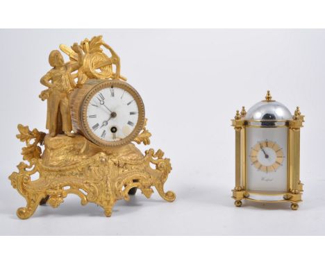 French spelter mantel clock, American mantel clock, oak mantel clock and modern carriage clock, (4)