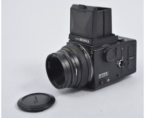 Zenza Bronica ETRS camera, with Zenzanon f2.8 75mm lens, with light meter, monopod handle, filter and film. 