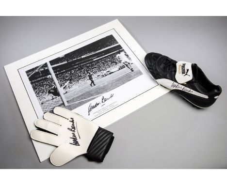 Gordon Banks signed football boot, goalkeeping glove and photographic print,
a Puma boot,  an Umbro glove and a mounted b&w p